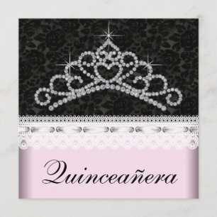 Invitation Diamond Tiara Rose Black Sweet 15 Quinceanera