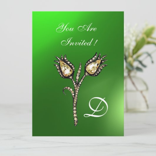 Invitation DIAMOND TULIPS MONOGRAM, Émeraude verte (Debout devant)