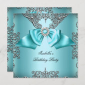 Invitation Diamond Turquoise Bleu Bow Argent Élégant Annivers (Devant / Derrière)