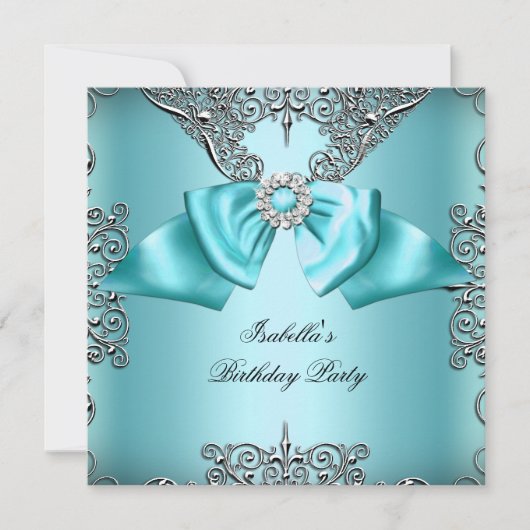 Invitation Diamond Turquoise Bleu Bow Argent Élégant Annivers (Devant)