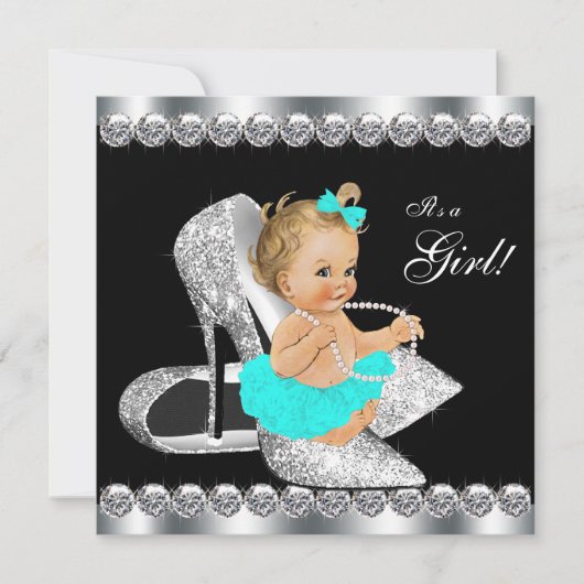 Invitation Diamond Turquoise Blue Black Baby shower petit déj (Devant)