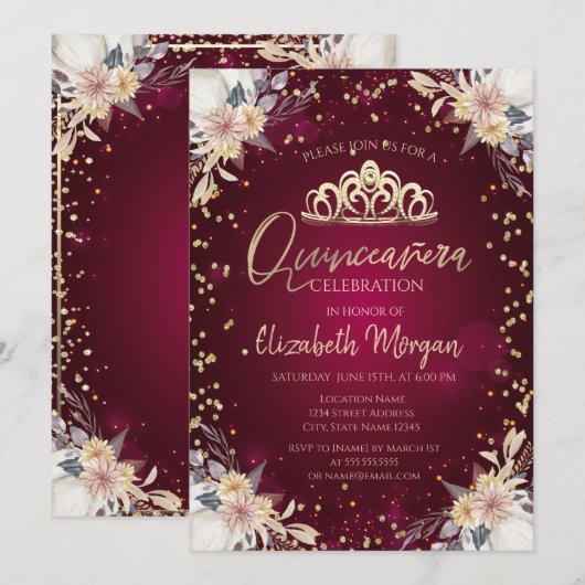 Invitation Diamonds Bourgogne Citrouille Floral Quinceañera (Devant / Derrière)
