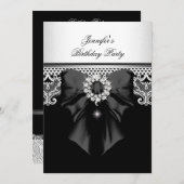 Invitation Diamonds dentelle image Anniversaire fête Noir Bla (Devant / Derrière)
