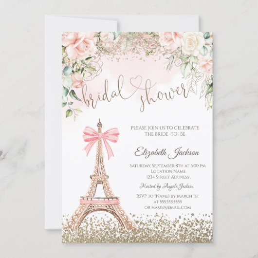Invitation Diamonds Eiffel Tower Bow Flowers Bridal Shower (Devant)