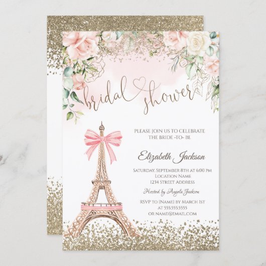 Invitation Diamonds Eiffel Tower Bow Flowers Bridal Shower  (Devant / Derrière)