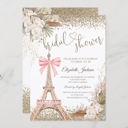 Invitation Diamonds Eiffel Tower Bow Flowers Bridal Shower (Devant / Derrière)