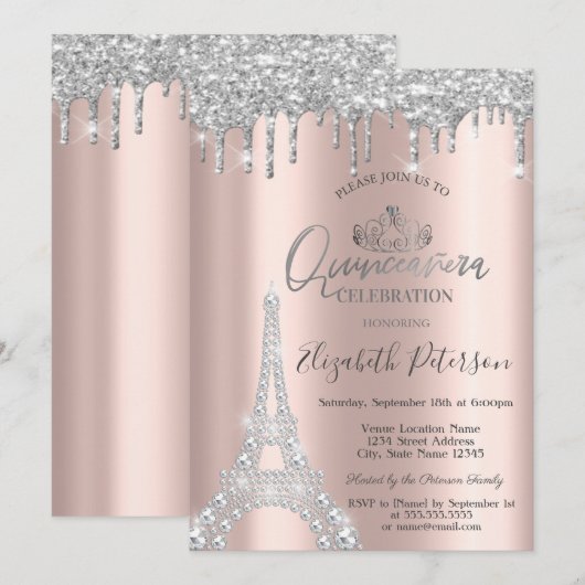 Invitation Diamonds Eiffel Tower,Drips Silver Quinceañera (Devant / Derrière)