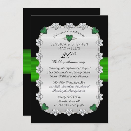 Invitation Diamonds Emeralds Green 20e anniversaire Mariage (Devant / Derrière)