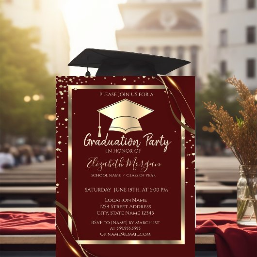 Invitation Diamonds Gold Frame Casquette Grad Red Graduation