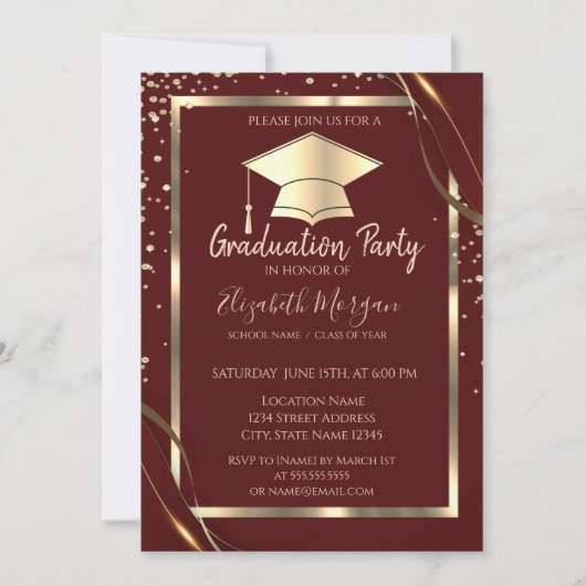 Invitation Diamonds Gold Frame Casquette Grad Red Graduation (Devant)