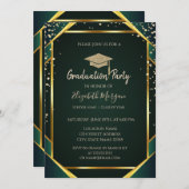 Invitation Diamonds Gold Grad Cap Striped Green Graduation (Devant / Derrière)