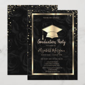 Invitation Diamonds Gold Grad Casquette Black Roses Graduatio (Devant / Derrière)