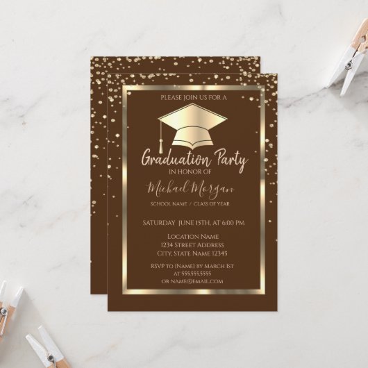 Invitation Diamonds Gold Grad Casquette Brown Graduation (Devant/Arrière en situation)