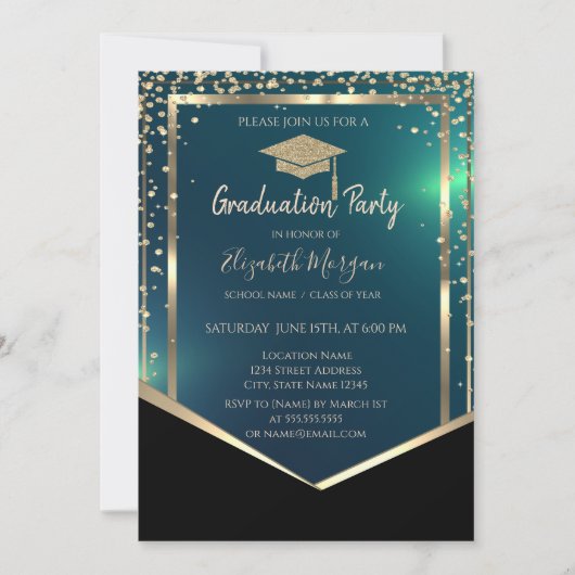 Invitation Diamonds Gold Grad Casquette Green Graduation (Devant)