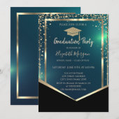 Invitation Diamonds Gold Grad Casquette Green Graduation (Devant / Derrière)