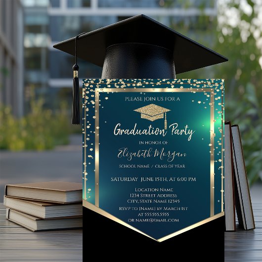 Invitation Diamonds Gold Grad Casquette Green Graduation