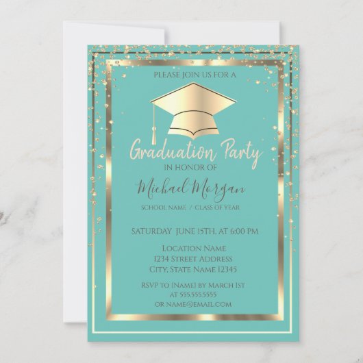 Invitation Diamonds Gold Grad Casquette Mint Green Graduation (Devant)