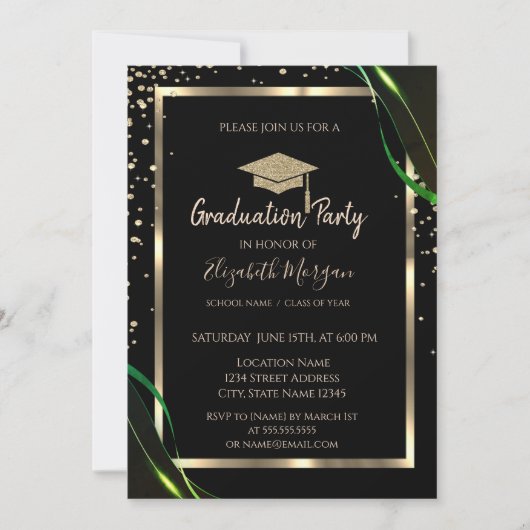 Invitation Diamonds Gold Grad Casquette Vert noir Graduation (Devant)