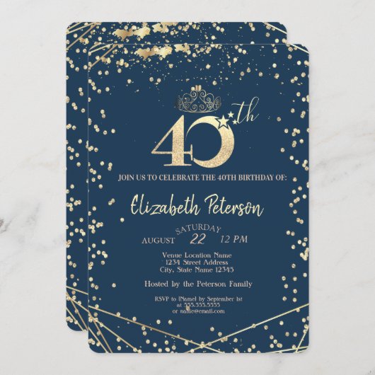 Invitation Diamonds Marine Blue Gold 40e fête d'anniversaire (Devant / Derrière)