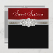 Invitation Diamonds Pearl Ruby Red Sweet sixteen Anniversaire (Devant / Derrière)