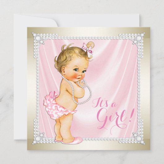 Invitation Diamonds Pearls Baby shower de fille en or rose (Devant)