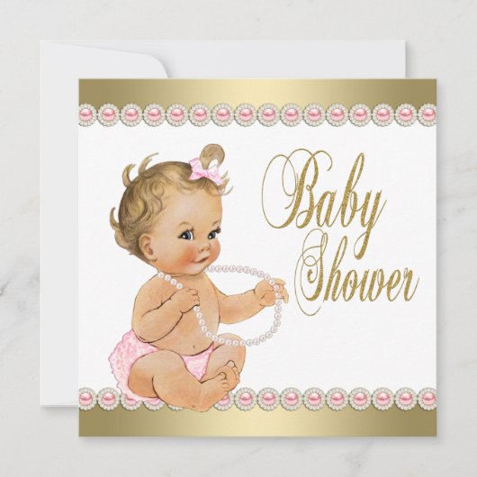 Invitation Diamonds Pearls Baby shower d'or rose (Devant)