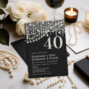 Invitation Diamonds Pearls Black White Dîner de 40e anniversa