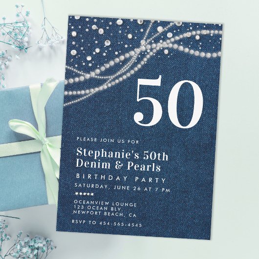 Invitation Diamonds Pearls Denim classe élégante 50e annivers