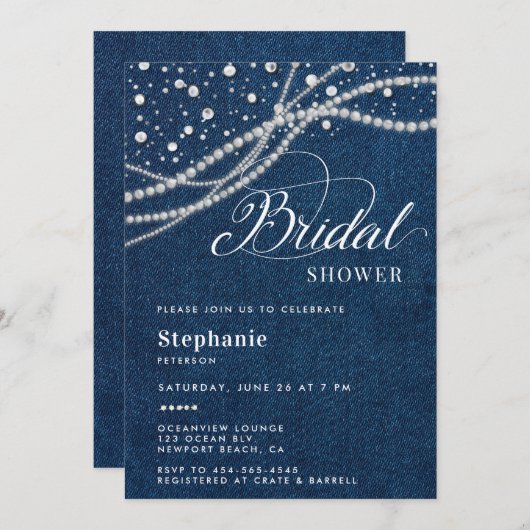 Invitation Diamonds Pearls Denim Elegant Classy Fête des mari (Devant / Derrière)