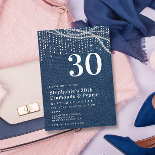 Invitation Diamonds Pearls Denim Modern Classy 30e anniversai