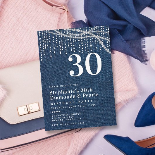 Invitation Diamonds Pearls Denim Modern Classy 30e anniversai