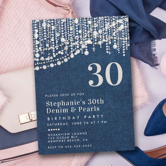 Invitation Diamonds Pearls Fringe Jean Denim 30e anniversaire