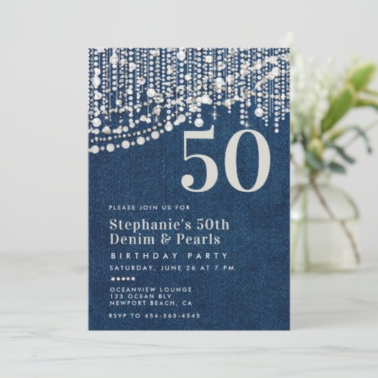 Invitation Diamonds Pearls Fringe Jean Denim 50e anniversaire (Debout devant)