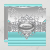 Invitation Diamonds Pearls Quinceanera bleu Turquoise Invitat (Devant / Derrière)
