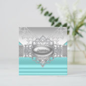 Invitation Diamonds Pearls Quinceanera bleu Turquoise Invitat (Debout devant)