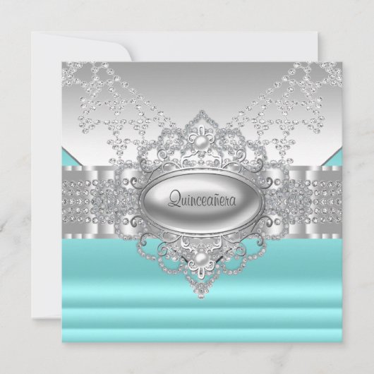 Invitation Diamonds Pearls Quinceanera bleu Turquoise Invitat (Devant)