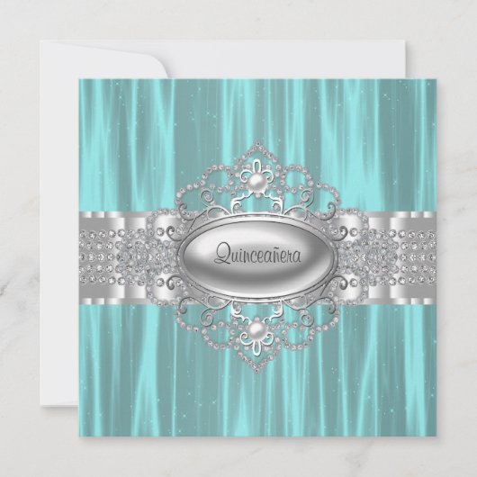 Invitation Diamonds Pearls Quinceanera bleu Turquoise Invitat (Devant)