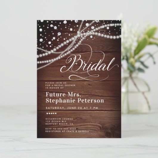 Invitation Diamonds Pearls Rustic Wood Chic Mme Fête des mari (Debout devant)