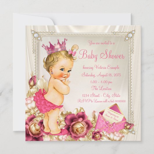 Invitation Diamonds Pearls Satin Rose Princess Baby shower (Devant)