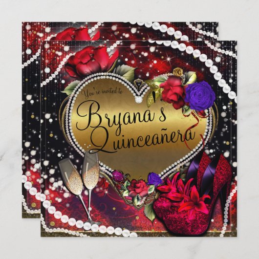 Invitation Diamonds Perles Coeur talons hauts Quinceañera (Devant / Derrière)