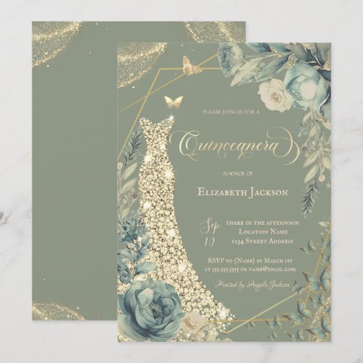 Invitation Diamonds Robe Fleurs Papillons Vert Sauge (Devant / Derrière)