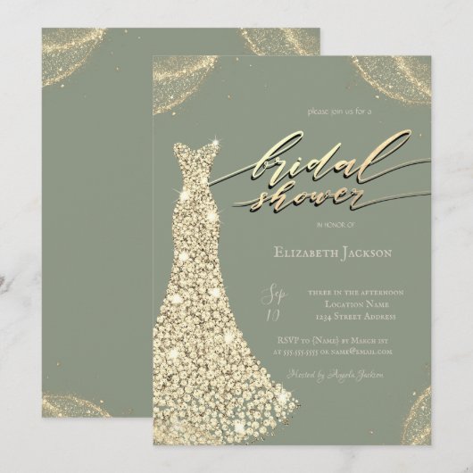 Invitation Diamonds Shiny Dress Sage Green Bridal Shower  (Devant / Derrière)