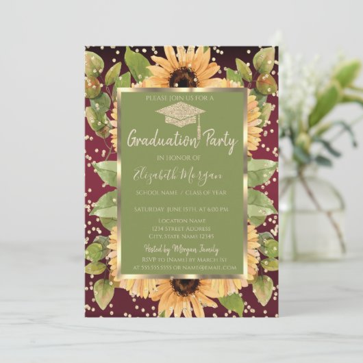 Invitation Diamonds Sunflowers Red Graduation (Debout devant)