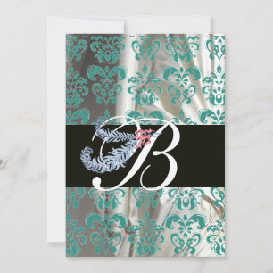 INVITATION DIAMONT FEATHER BLUE WHITE SILK DAMASK MONOGRAM