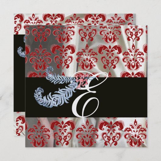 INVITATION DIAMONT FEATHER RED WHTE ICE SILK DAMASK MONOGRAM (Devant / Derrière)
