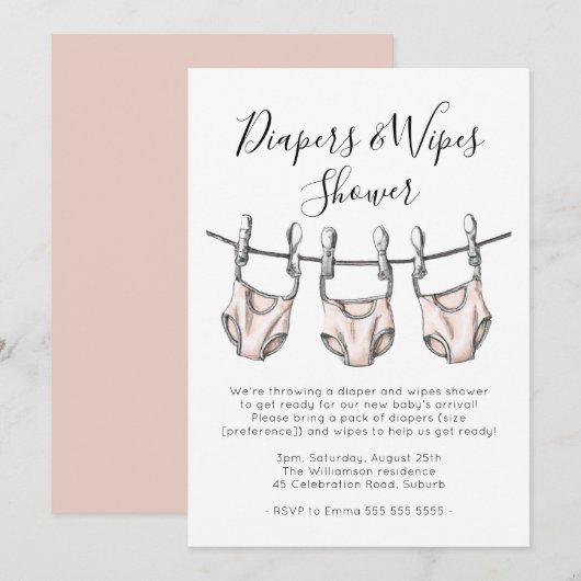 Invitation Diapeurs et Baby showers filles rose pâle (Devant / Derrière)