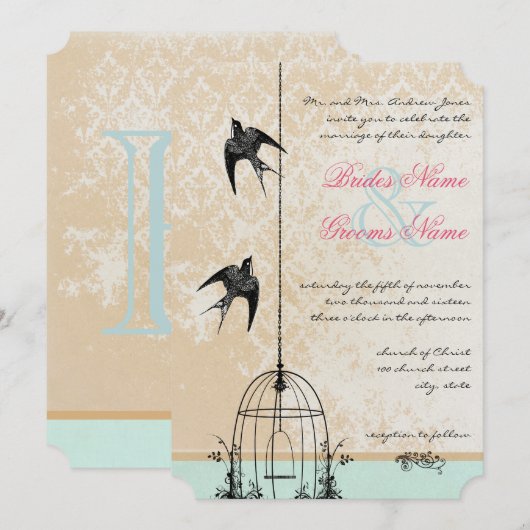 Invitation Die Cut Amour Rustique Oiseau Cage à oiseaux Maria (Devant / Derrière)