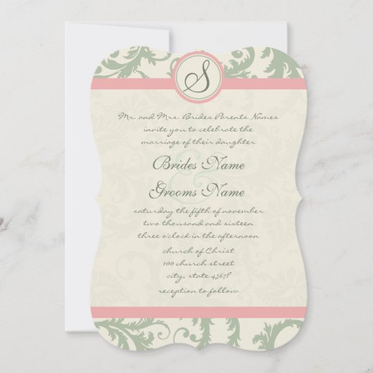 Invitation Die Cut Green Dusty Rose Mariage damassé (Devant)
