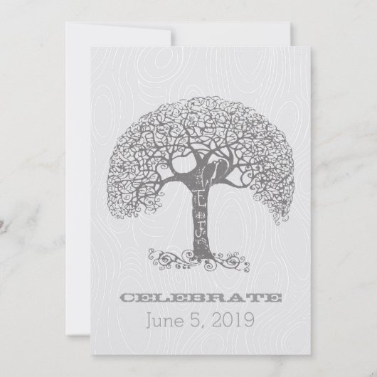 Invitation Die Cut Grey Romantic Tree Inséparable Woodgrain (Dos)