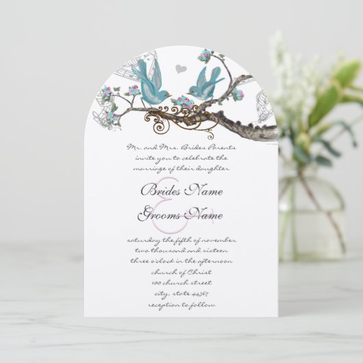 Invitation Die Cut Lovebird Aqua & Pink Wedding Invite (Debout devant)